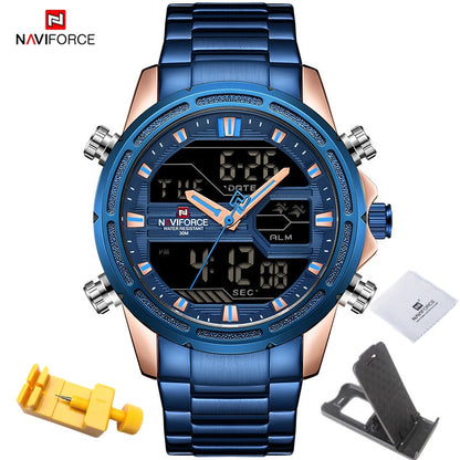 NAVIFORCE Watches for Men Luxury Brand Digital Chronograph Sport Quartz Wristwatch Waterproof Military Steel Band Luminous Clock - Executive-Skincare