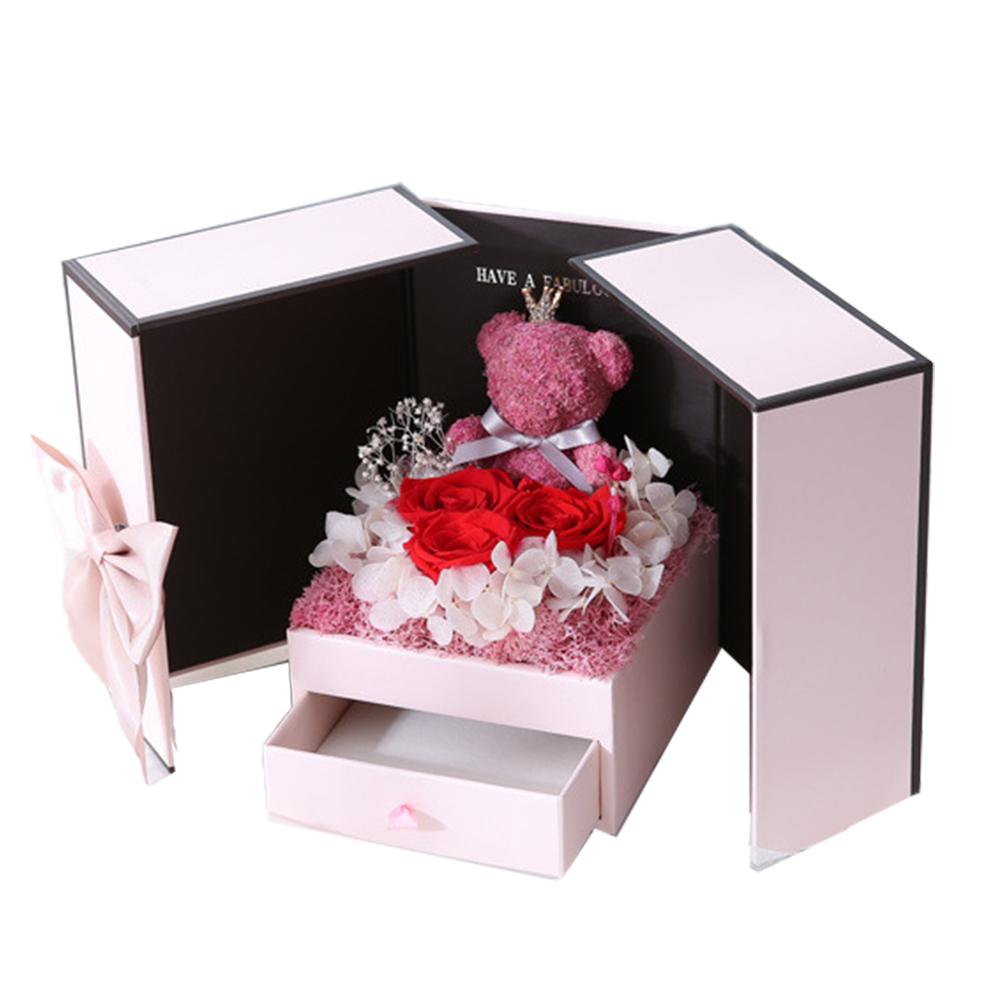 Rose Teddy Bear Double Door Gift Box  Artificial preserved flower Jewelry Necklace Gift Case Wedding  Valentine&#39;s Day Gift - Executive-Skincare