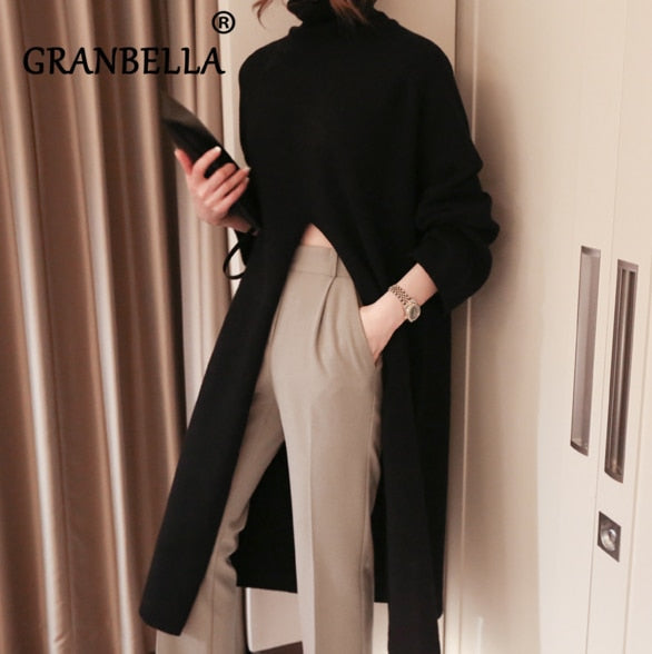 Turtleneck Long fall winter Sweater Dress Side split Female Pullover mujer sueteres - Executive-Skincare