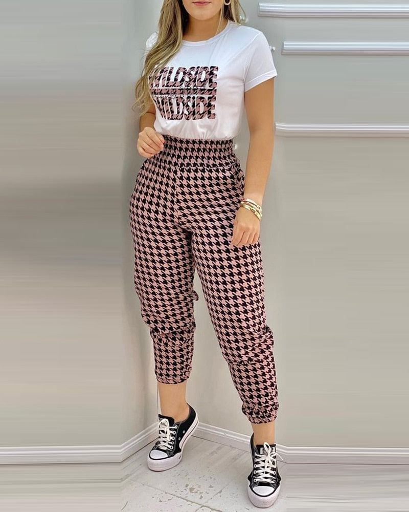 Summer Women&#39;s Classic Houndstooth Letter Print Suit Set 2022 Femme Casual Short Sleeve Top &amp; High Waist Pants Set Ladies Outfit - Executive-Skincare