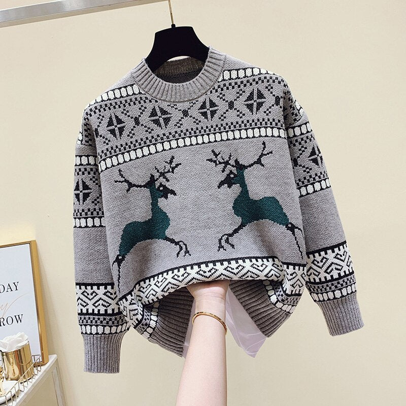 Vintage Jacquard Christmas Sweater Women Pullover Autumn O Neck Long Sleeve Loose Reindeer Print Knitted Jumpers Female Tops - Executive-Skincare