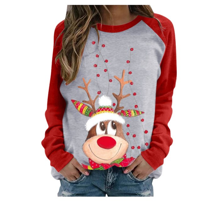 Funny Cute Elk Printing Long Sleeve Christmas Women T Shirt Harajuku S-2xl Cotton Woman Tshirts Graphic Aesthetic Shirt Female - Executive-Skincare