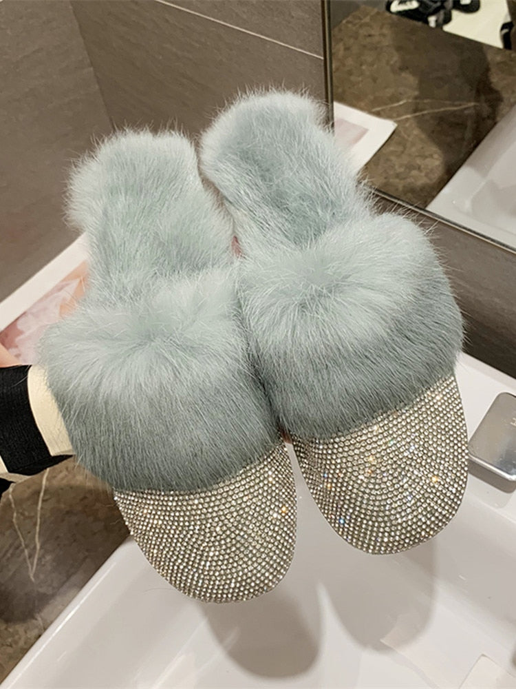 Big Size Slippers Female Ladies Designer Shoes Women Luxury 2023 Rhinestone Fur Crystal Slides Mules Slippers Furry Lady Shoes - Executive-Skincare