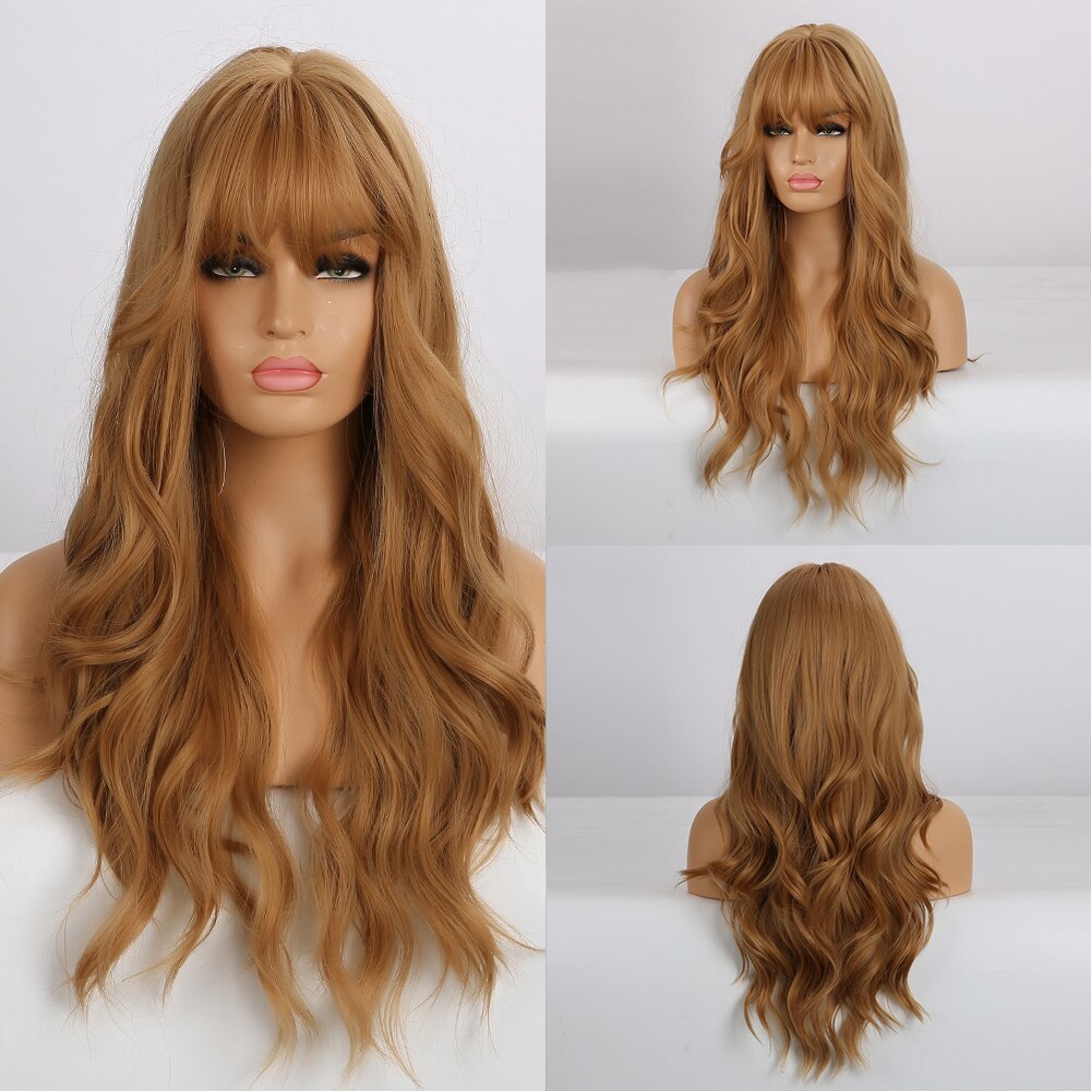 GEMMA Long Wavy Wigs with Bangs Black Brown Ombre Synthetic Heat Resistant Wigs For Women Girls Cosplay Party Daily False Hair - Executive-Skincare