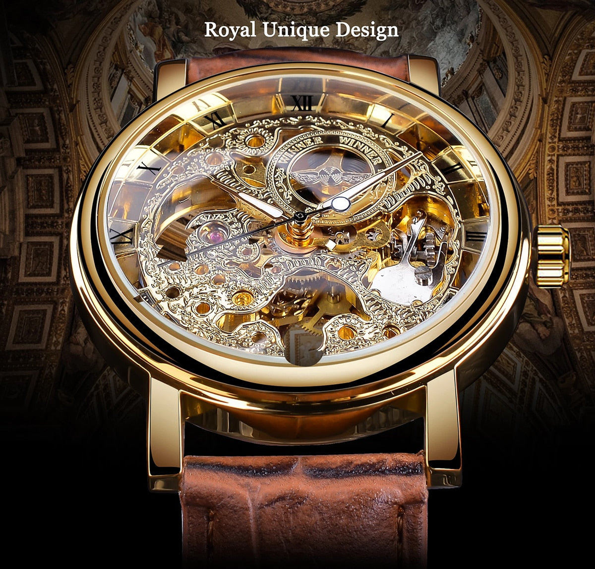 Winner Transparent Golden Case Luxury Casual Design Brown Leather Strap Mens Watches Top Brand Luxury Mechanical Skeleton Watch - Executive-Skincare