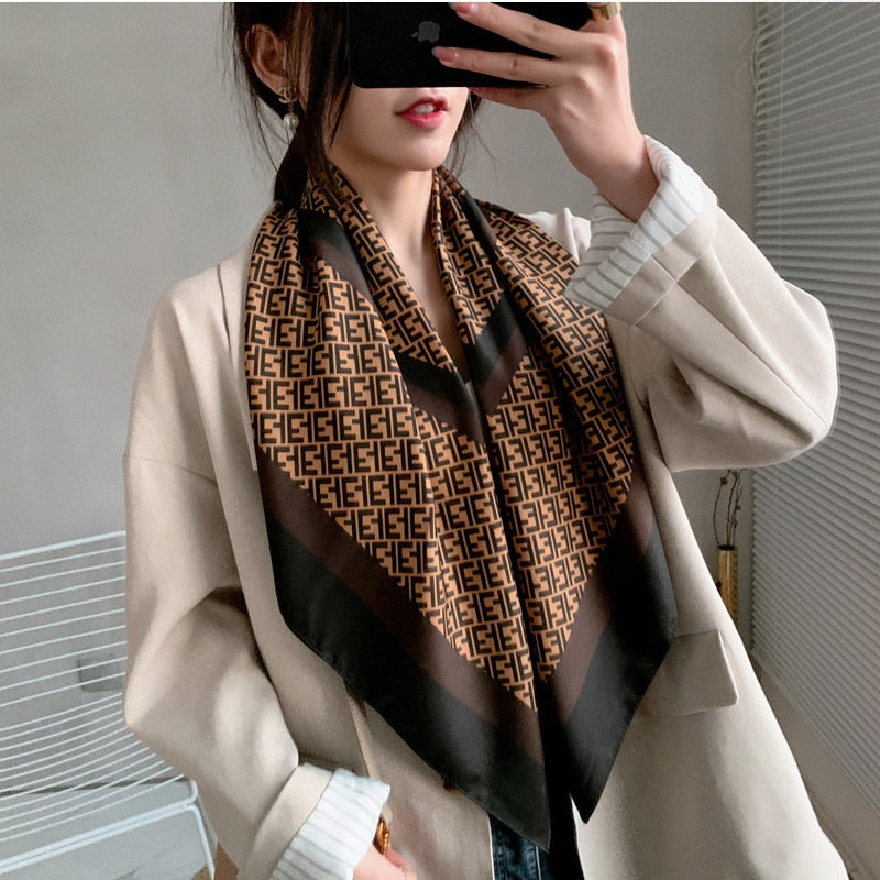 Expensive Brand 2022 New 90x90CM Luxury Lattice Geometric Silk Scarf Women's Retro F Print Fashion Square Bandana Headscarf Tie - Executive-Skincare