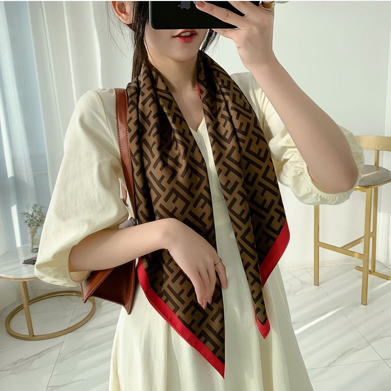 Expensive Brand 2022 New 90x90CM Luxury Lattice Geometric Silk Scarf Women's Retro F Print Fashion Square Bandana Headscarf Tie - Executive-Skincare