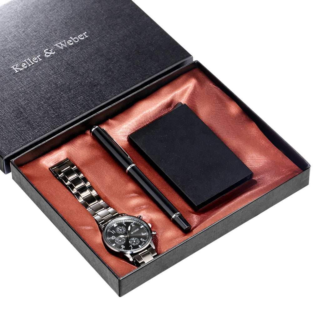 2021 Men&#39;s Gift Sets Top Luxury Quartz Watches High Quality Signature Pen Fashion Male Card Case Gifts for Husband Dad Boyfriend - Executive-Skincare