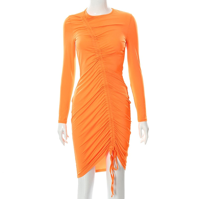 CNYISHE Autumn Women Going Out Dress Fashion Drawstring Ruched Dresses Women Neon Orange O-neck Long Sleeve Midi Dress Vestidos - Executive-Skincare