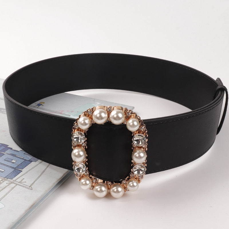 Luxury Crystal Pearl Gold Buckle Belts for Women HOT Wide Solid PU Leather Belt Black Dress Waistbands Lady Gifts No Pin Belt - Executive-Skincare