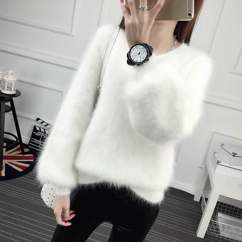 Autumn Winter Lantern Sleeve Faux Mink Cashmere Pullover Knitted Sweater Women Warm Plush Women Sweater Thicken Pullovers C5718 - Executive-Skincare