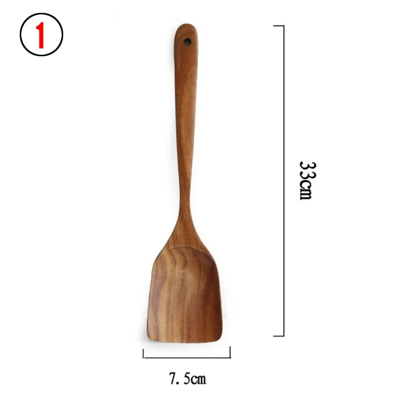 7pcs/set Teak Natural Wood Tableware Spoon Ladle Turner Rice Colander Soup Skimmer Cooking Spoon Scoop Kitchen Reusable Tool Kit - Executive-Skincare