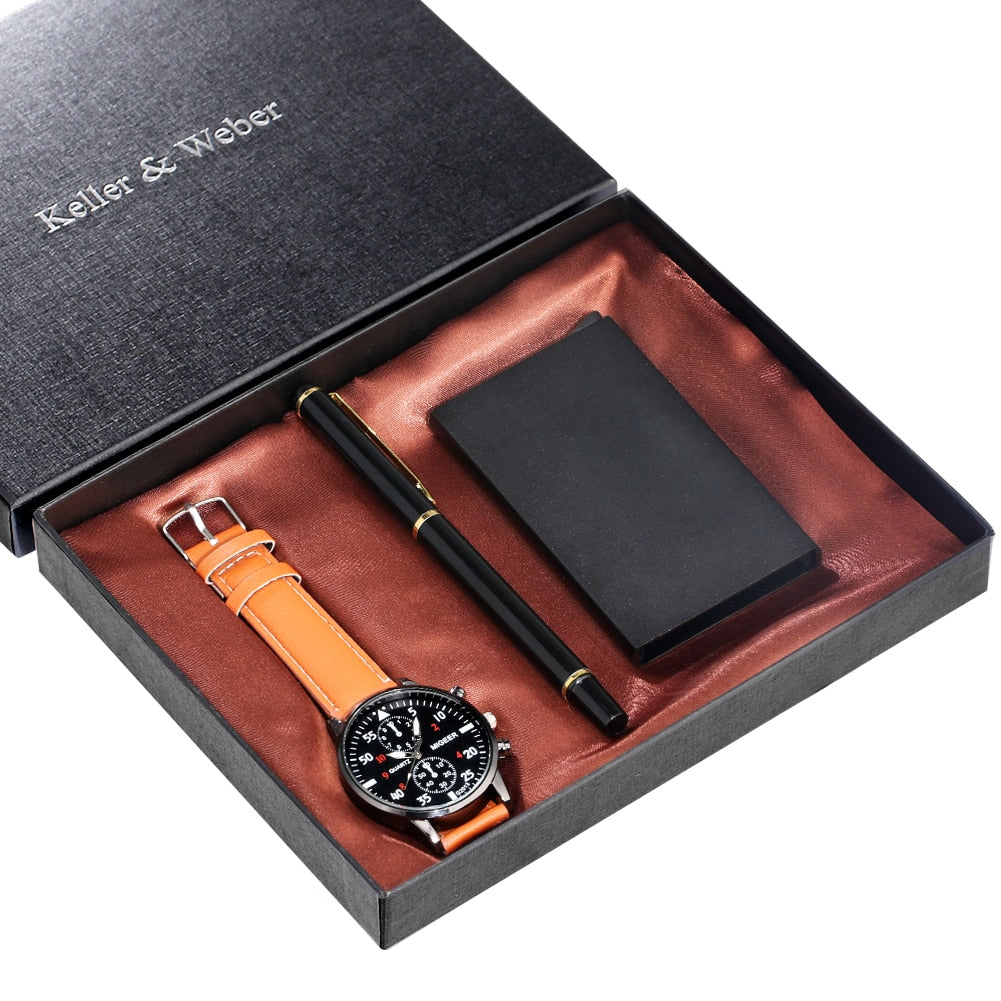 2021 Men&#39;s Gift Sets Top Luxury Quartz Watches High Quality Signature Pen Fashion Male Card Case Gifts for Husband Dad Boyfriend - Executive-Skincare