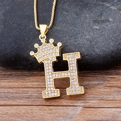 Nidin New Luxury Copper Zircon A-Z Crown Alphabet Pendant Chain Necklace Hip-Hop Style Fashion Woman Man Initial Name Jewelry - Executive-Skincare