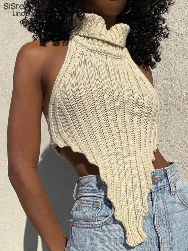 Sisterlinda Knitted Worsted Y2K Tank Top Women Fashion Irregular Shape Cut Out Wild Slim Activewear Vest Sleeveless Lady Outfits - Executive-Skincare