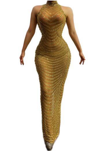 Full Gold Rhinestones Transparent Mesh Long Dress Women Birthday Celebrate Dress High Neck Outfit Bar Dance Show Dress - Executive-Skincare