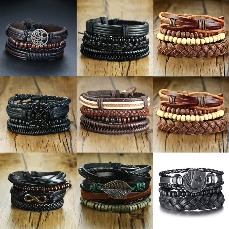 Vnox 4Pcs/ Set Braided Wrap Leather Bracelets for Men Vintage Life Tree Rudder Charm Wood Beads Ethnic Tribal Wristbands - Executive-Skincare