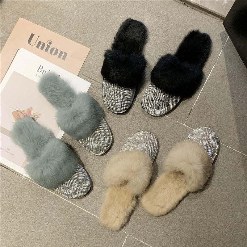 Big Size Slippers Female Ladies Designer Shoes Women Luxury 2023 Rhinestone Fur Crystal Slides Mules Slippers Furry Lady Shoes - Executive-Skincare