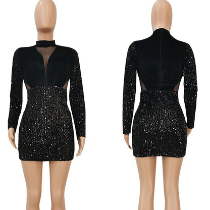 Autumn Winter Velvet Mesh Sheer Sparkly Elegant Christmas Dresses for Women Long Sleeve Nightout Evening Bodycon Mini Dress Club - Executive-Skincare