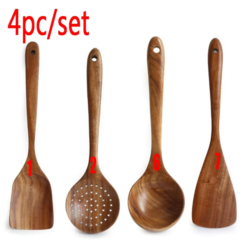 7pcs/set Teak Natural Wood Tableware Spoon Ladle Turner Rice Colander Soup Skimmer Cooking Spoon Scoop Kitchen Reusable Tool Kit - Executive-Skincare