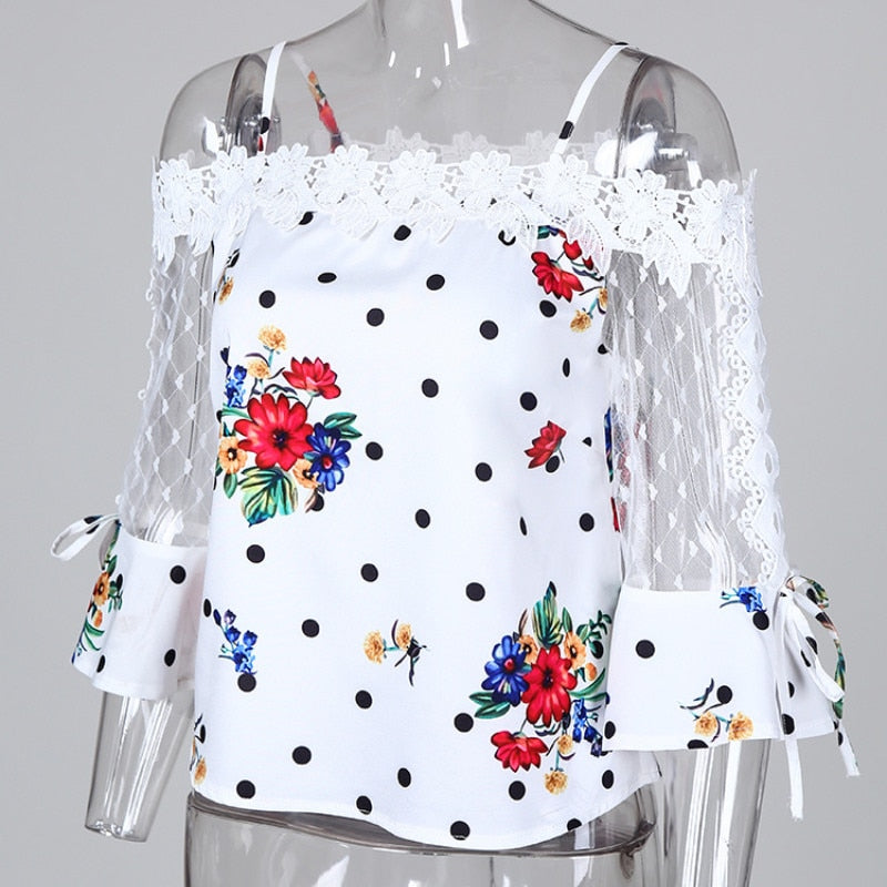 2020 Autumn Women Elegant Stylish Party Top Female Fashion Basic Casual Shirt Cold Shoulder Mesh Insert Dots Floral Print Blouse - Executive-Skincare