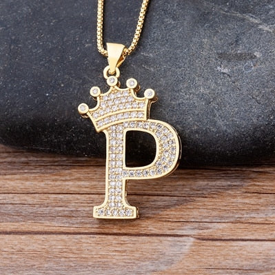 Nidin New Luxury Copper Zircon A-Z Crown Alphabet Pendant Chain Necklace Hip-Hop Style Fashion Woman Man Initial Name Jewelry - Executive-Skincare