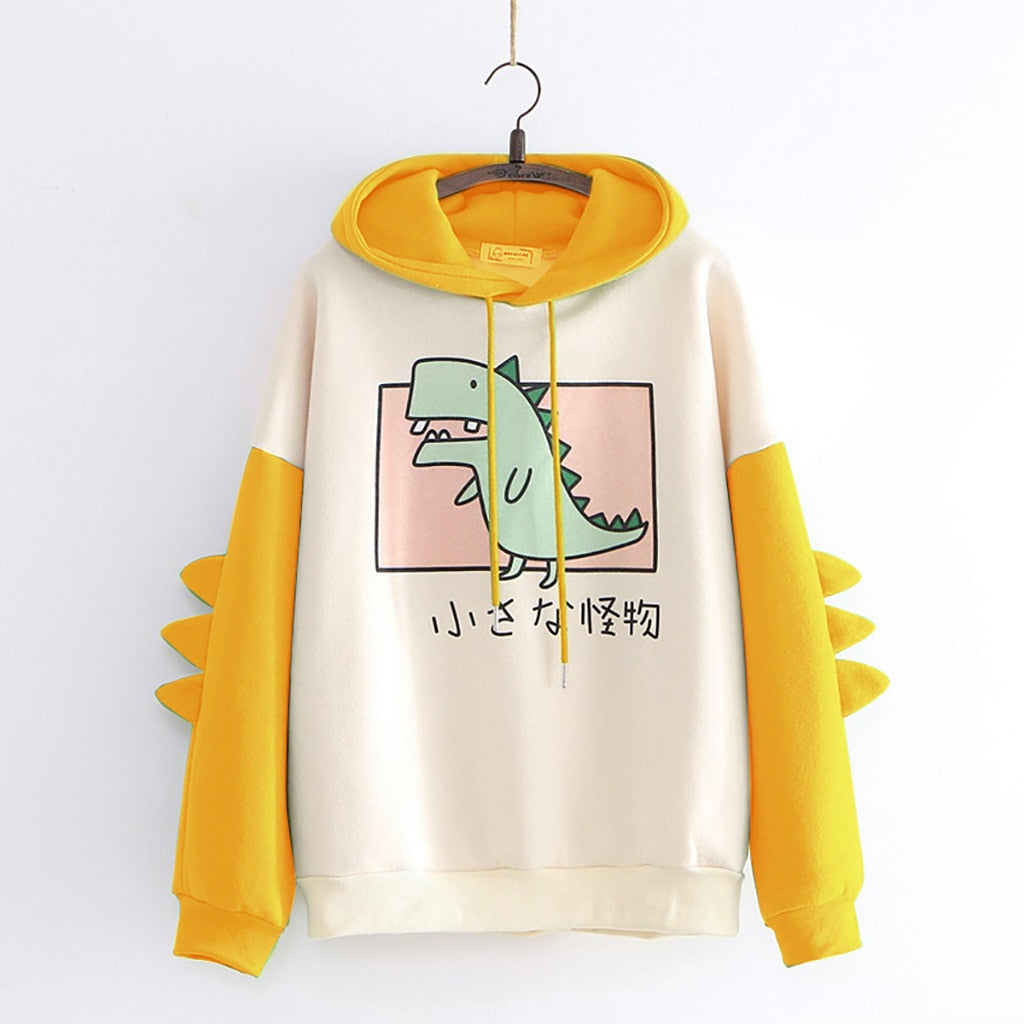 Winter dino hoodie Tops Dinosaur Oversized Cartoon Hoodie Women Fashion Sweatshirt Casual Print Korean Style Thicken Sweatshirt - Executive-Skincare