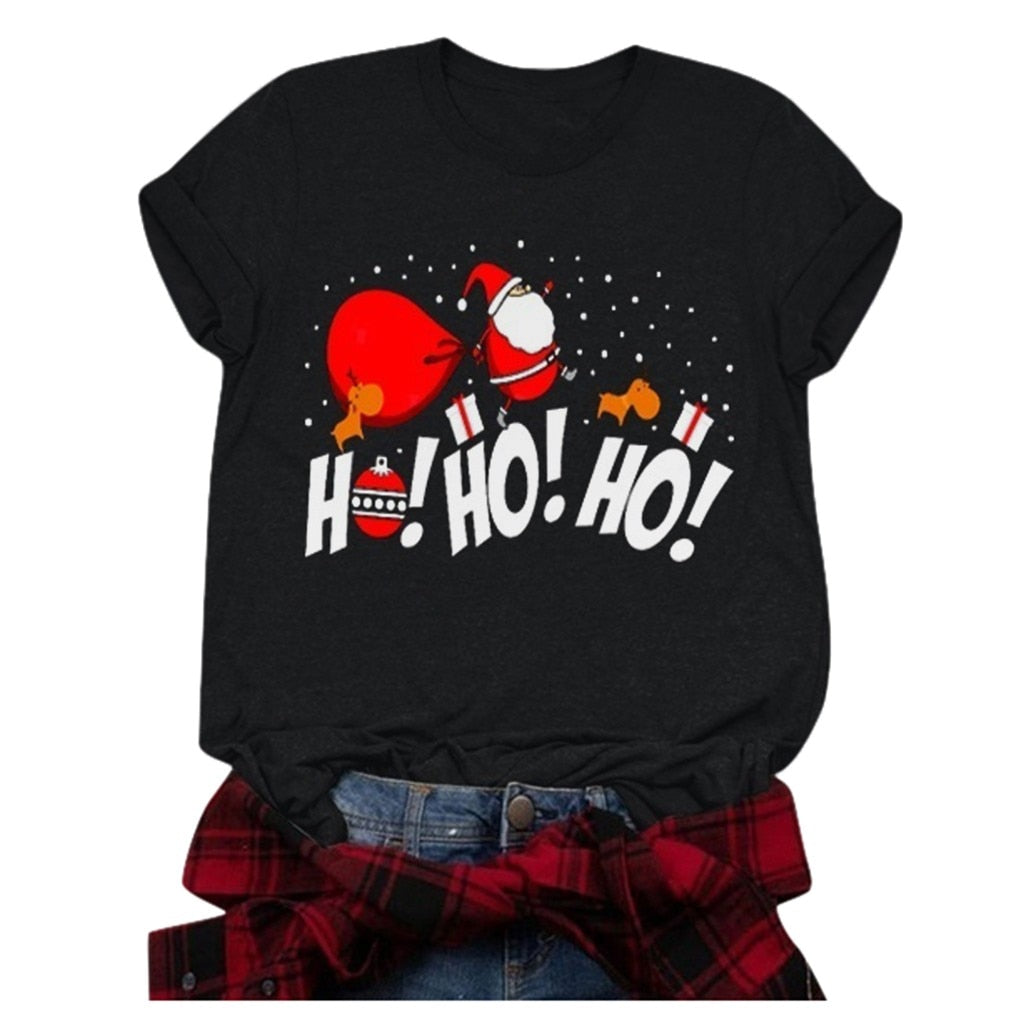 HO HO HO Print Funny Santa T Shirt Women Short-sleeved Tee Shirt Female Merry Christmas New Year Gift To Ladies Tops Clothes - Executive-Skincare