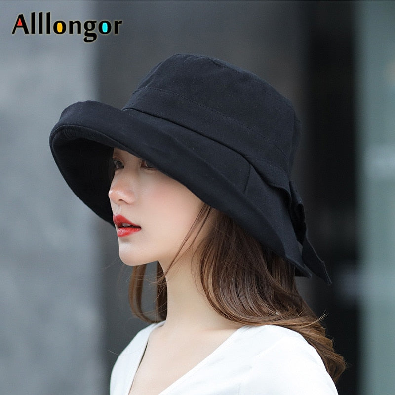 Panama 2022 Summer Black Bow Bucket Hat Women Fashion Korea Bob Cotton gorro pescador mujer Sun Hat Fishing Cap Chapeu Pescador - Executive-Skincare