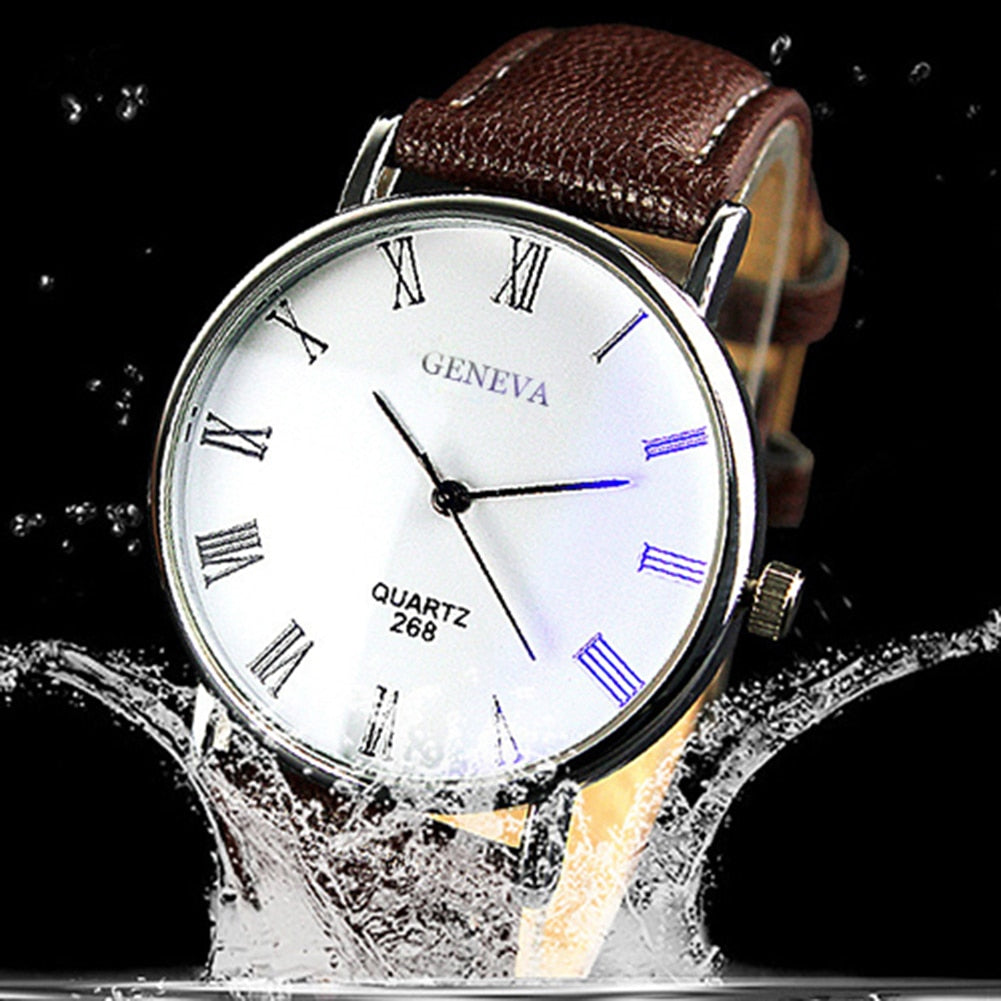 Men Watch Roman Numerals Blu-Ray Faux Leather Band Quartz Analog Business Wrist Watch - Executive-Skincare