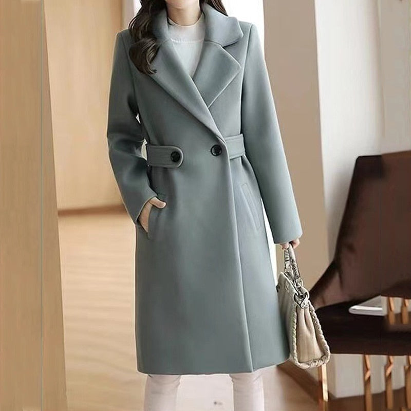 Autumn Winter New Women Warm Wool Coats with Belt Fashion Turn Down Collar Long Overcoat 2022 Female Solid Chic Outwear jackets - Executive-Skincare