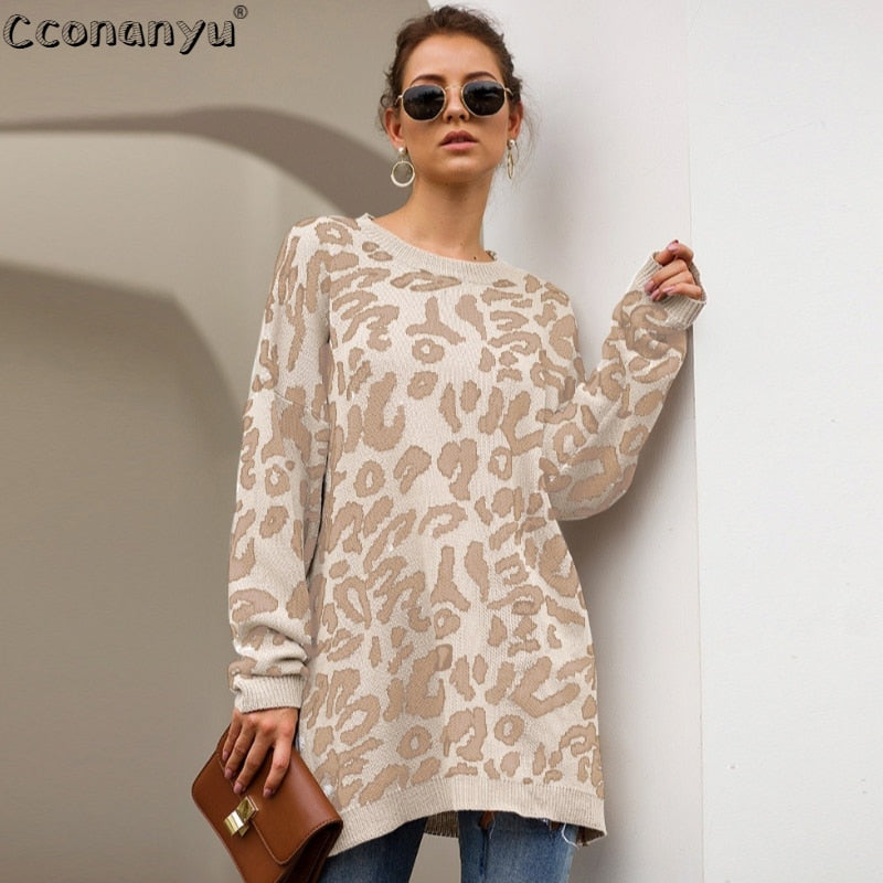 2019 Autumn winter clothing ladies long sweater fashion womens loose pullovers and sweaters leopard print knitted sweater - Executive-Skincare