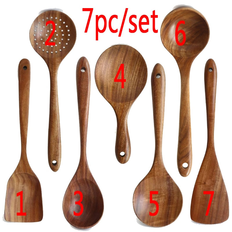 7pcs/set Teak Natural Wood Tableware Spoon Ladle Turner Rice Colander Soup Skimmer Cooking Spoon Scoop Kitchen Reusable Tool Kit - Executive-Skincare