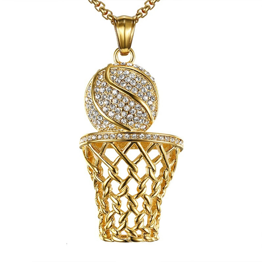 Hip Hop Iced Out Basketball Frame Pendant Necklaces Male Gold Color Stainless Steel Sports Necklace Men Jewelry Dropshipping - Executive-Skincare