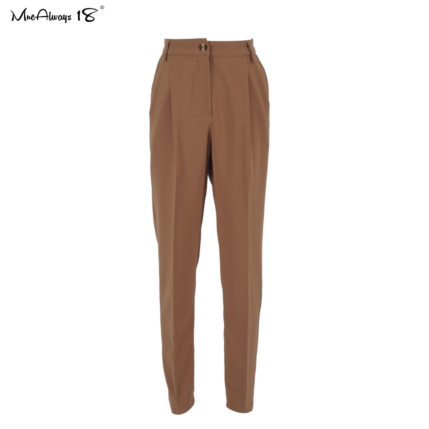 Mnealways18 Vintage Zipper Khaki Trousers Women High Waist Office Pants Ladies Brown Trousers Work Wear Autumn Long Pants 2021 - Executive-Skincare