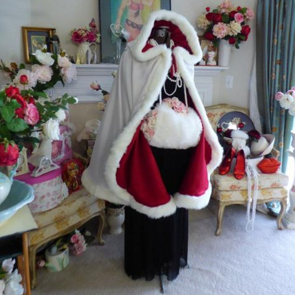 Christmas Costume For Adult Kids Women Hooded Christmas Cloak Mrs Santa Claus Velvet Fur Cloak Capa Red Cloak Cape Party Cosplay - Executive-Skincare