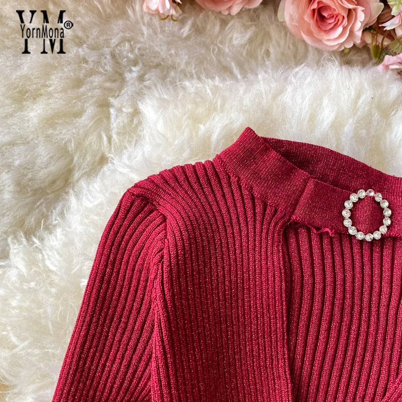 YornMona Autumn Winter Women Shining Knitted Sweater Dress Sexy Hollow Out V-neck Halter Bodycon Dress Red Christmas Party Dress - Executive-Skincare