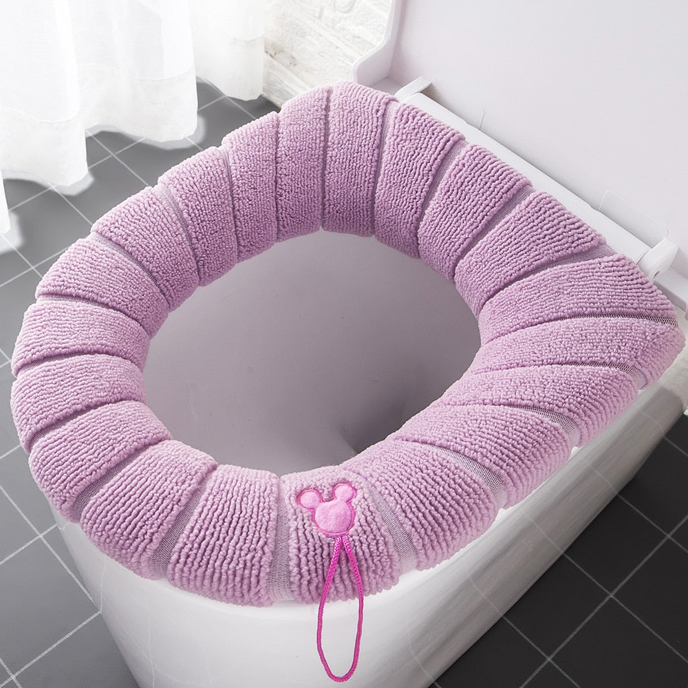 Winter Warm Toilet Seat Cover Closestool Mat 1Pcs Washable Bathroom Accessories Knitting Pure Color Soft O-shape Pad Bidet Cover - Executive-Skincare