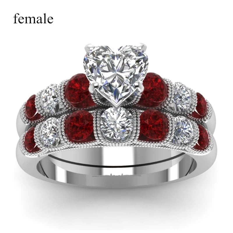 2021 Couple Ring Women White Gold Color Heart Garnet Ring Men Stainless Steel Wedding Engagement Band Valentine Day Gift Jewelry - Executive-Skincare