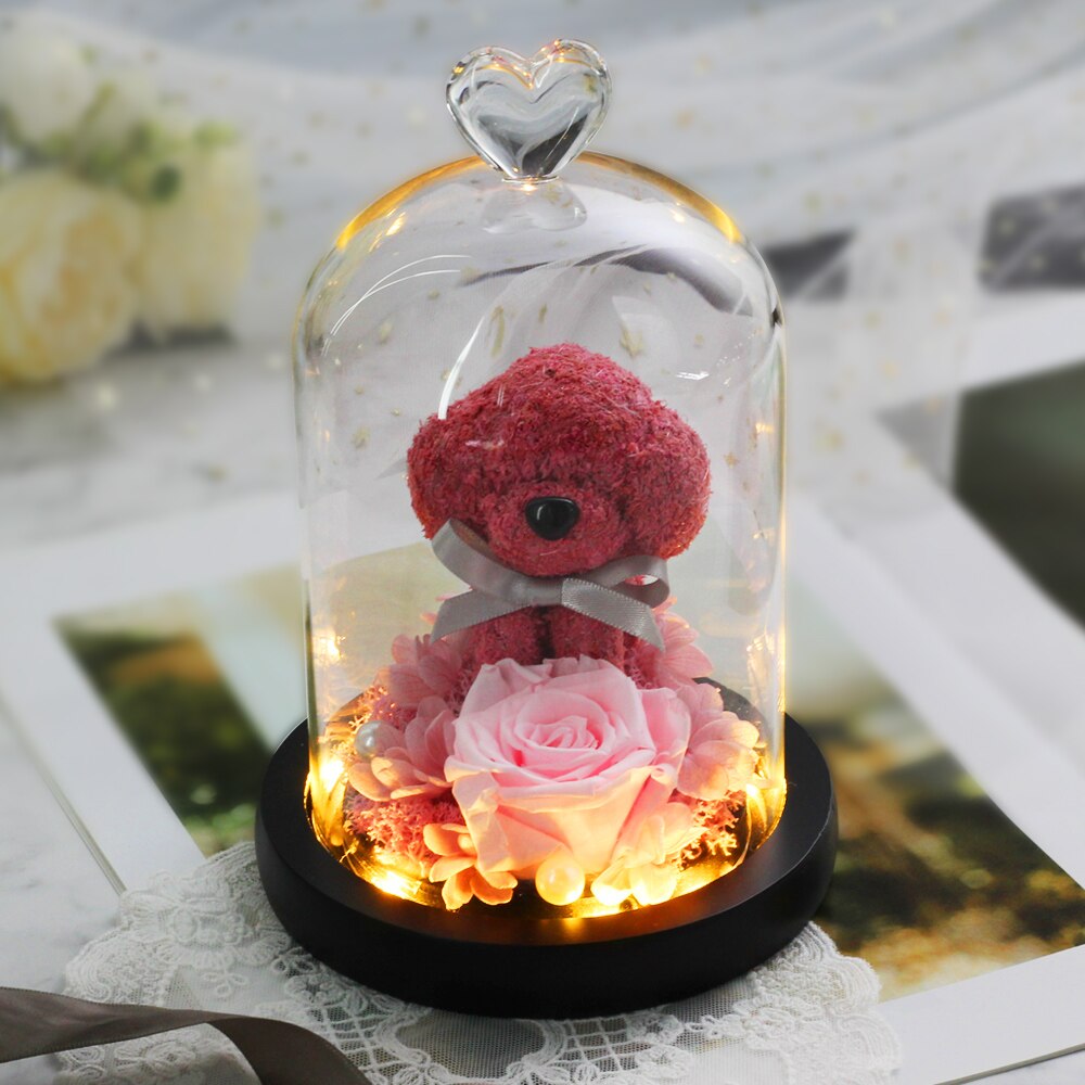 The Beautiful and the Beast Teddy Bear Rose Decor Natural Dried Flowers In Glass Dome LED Mother&#39;s Valentine&#39;s Day Wedding Gift - Executive-Skincare