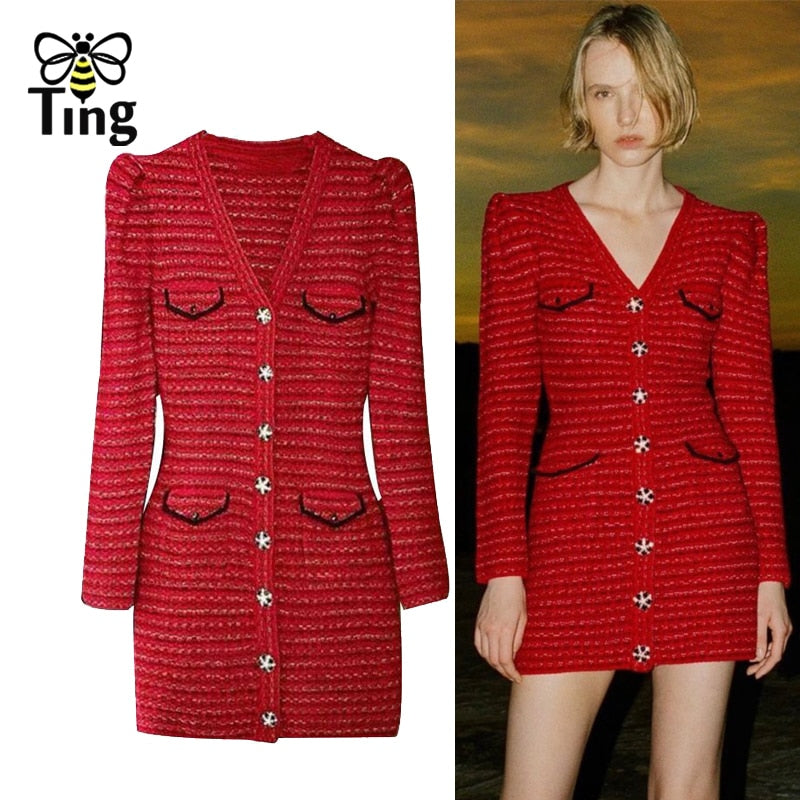 Tingfly 2022 Runway Chic Knitted Midi Long Luxury Crystal Button Party Dinner Dress Christmas Red Single Breasted Elbise New - Executive-Skincare