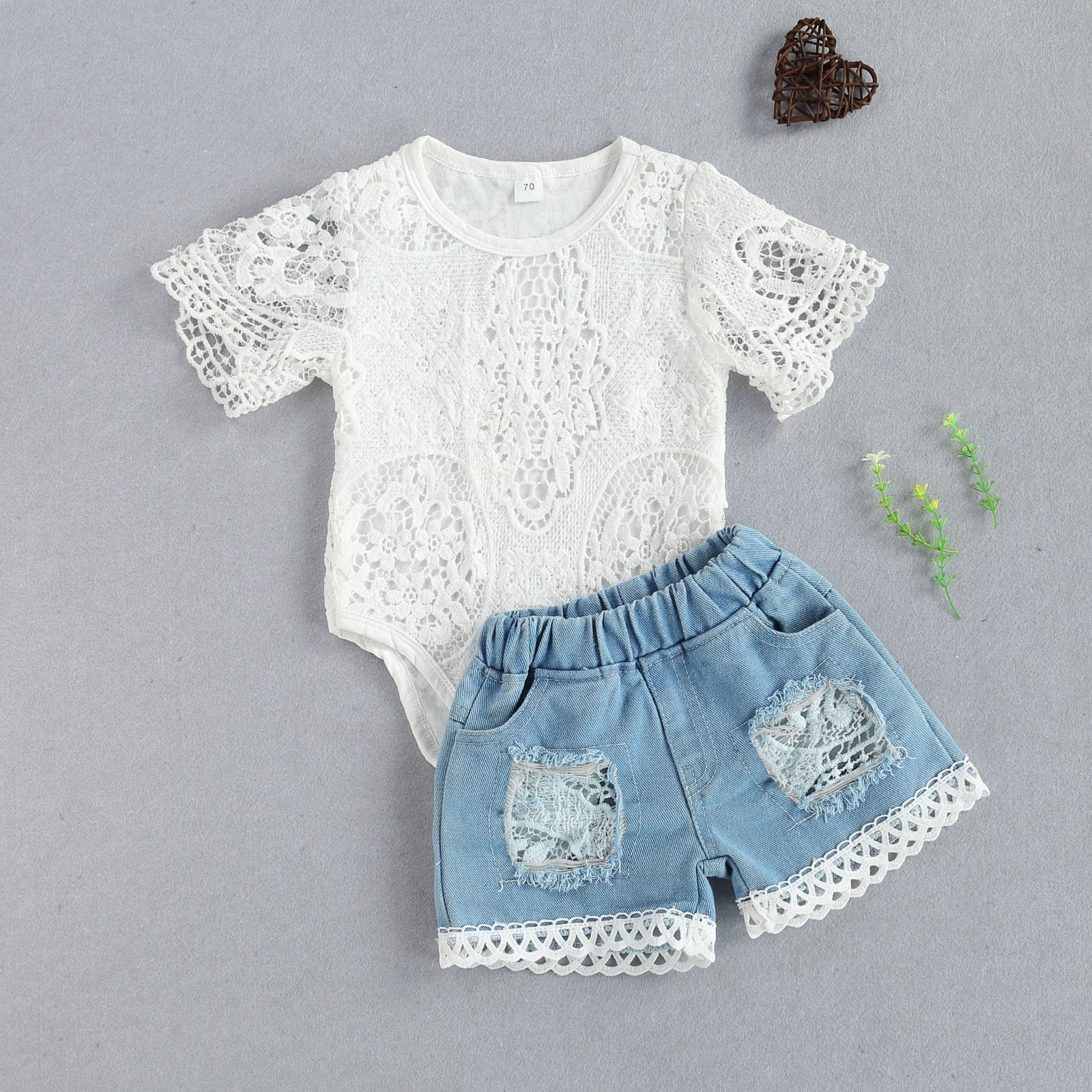 lioraitiin New 0-24M Baby Girls Fall Clothes Long Sleeve Lace Romper Suit Triangle Crotch Lace Top  Hole Long Jeans 2Pcs Outfit - Executive-Skincare