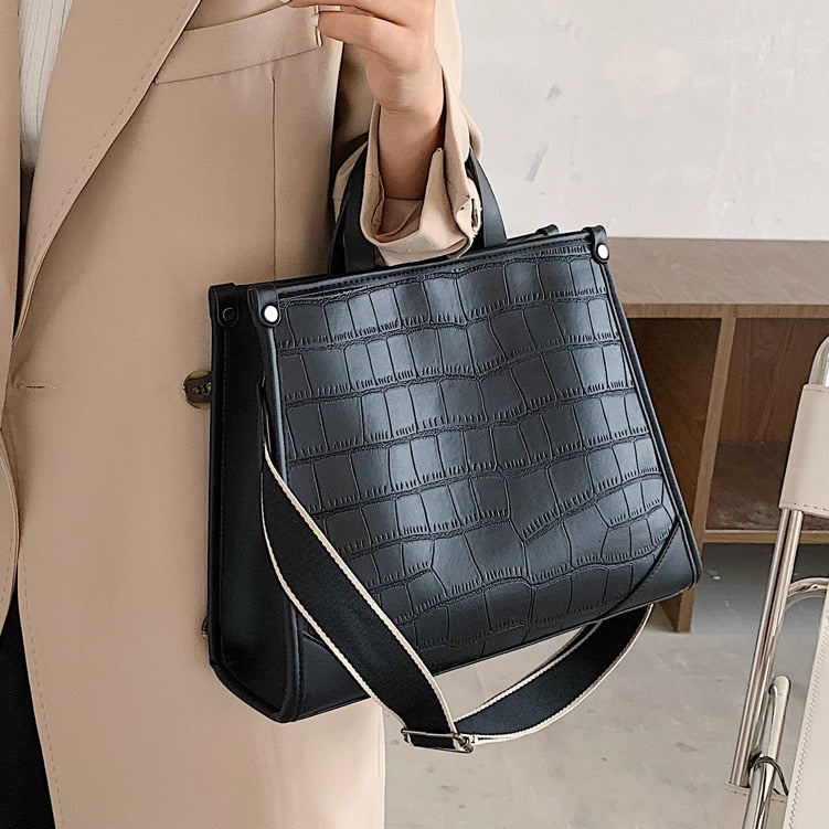 Stone Pattern PU Leather women handbag Large capacity Wide strap female Shoulder Bag 2022 New Brand Designer ladies Hand Bag - Executive-Skincare