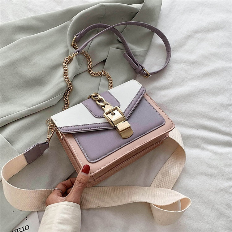 Fashion chain lady Sling bag Panelled color PU Leather Crossbody Bag For Women 2022 new Wide strap Shoulder Messenger Bag Ladies - Executive-Skincare