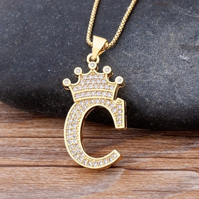 Nidin New Luxury Copper Zircon A-Z Crown Alphabet Pendant Chain Necklace Hip-Hop Style Fashion Woman Man Initial Name Jewelry - Executive-Skincare