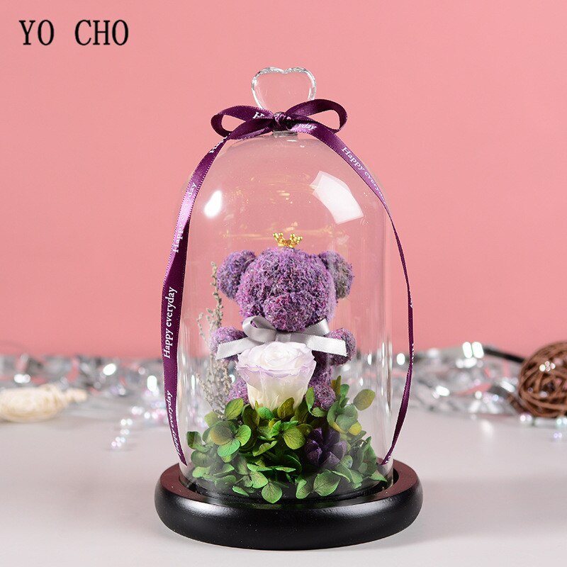 YO CHO Eternal Real Rose Moss Teddy Bear in Glass Dome Valentines Gift LED Light Immortal Rose Preserved Flower Birthday Gift - Executive-Skincare