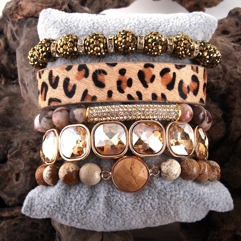 RH Fashion leopard Leather Bracelet Set 5pc Handmade Natural Stone Female Femme Bracelets Sets For Women Jewelry DropShipping - Executive-Skincare