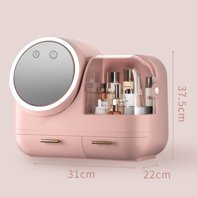 New Cosmetic Storage Box With Mirror Led Light Desktop Makeup Jewelry Beauty Case Dust-Proof Drawer Organizer For Cosmetics - Executive-Skincare