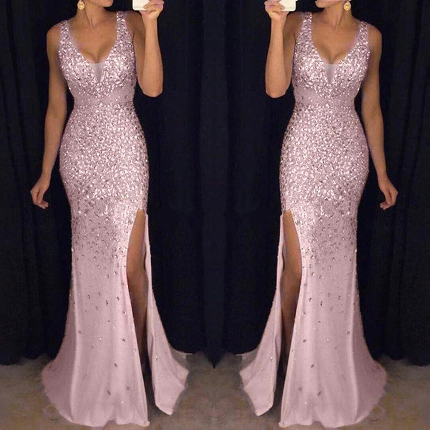 Sexy Sequine Dress for Women Prom Party Split Fork Bodycon Dress Solid Sexy Gold Evening Bridesmaid V Neck Long Dress Robe - Executive-Skincare