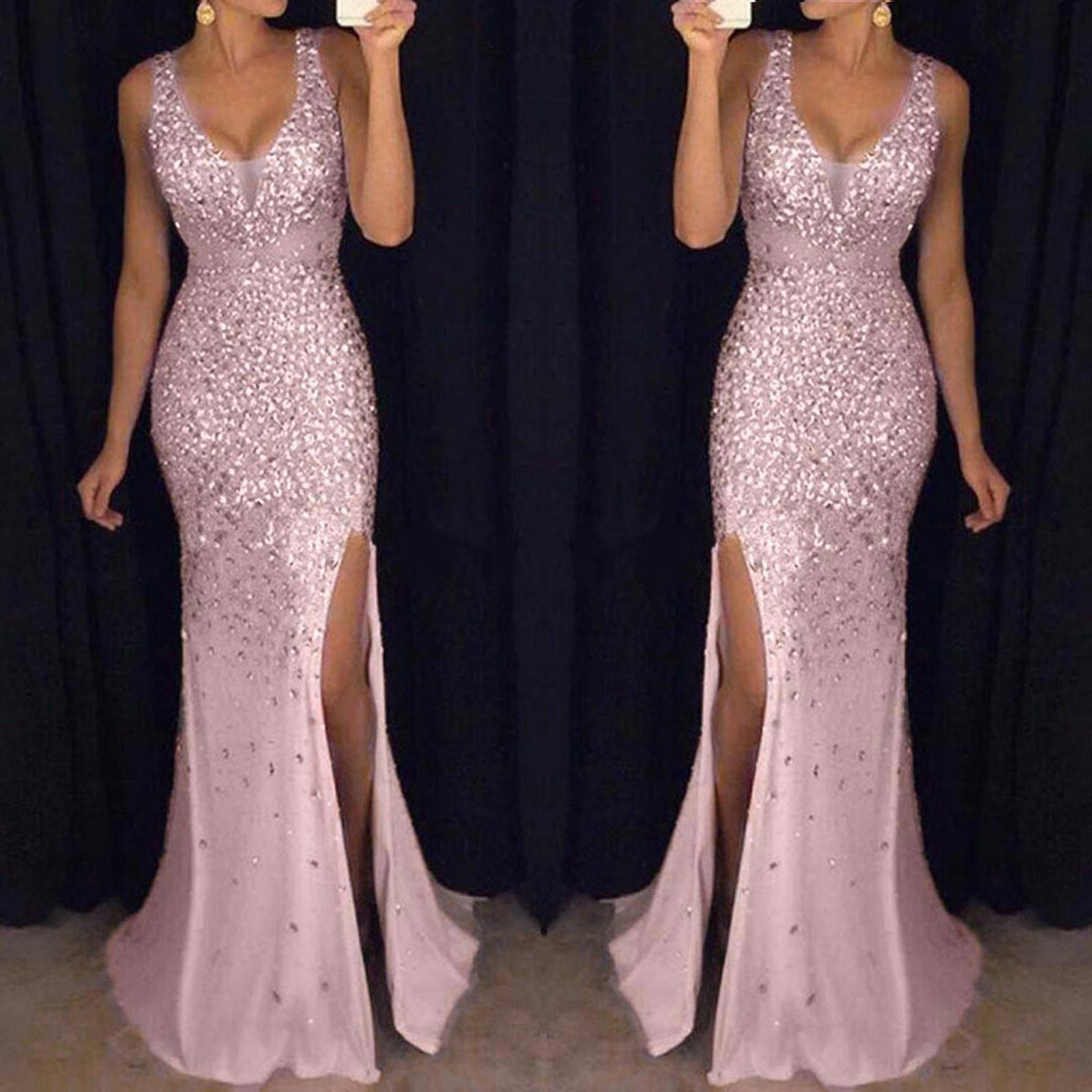 Sexy Sequine Dress for Women Prom Party Split Fork Bodycon Dress Solid Sexy Gold Evening Bridesmaid V Neck Long Dress Robe - Executive-Skincare